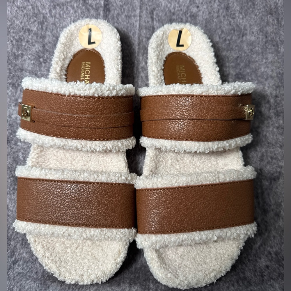Michael Kors Faux Shearling Brown Slide Sandal Size 7 New Without Tag